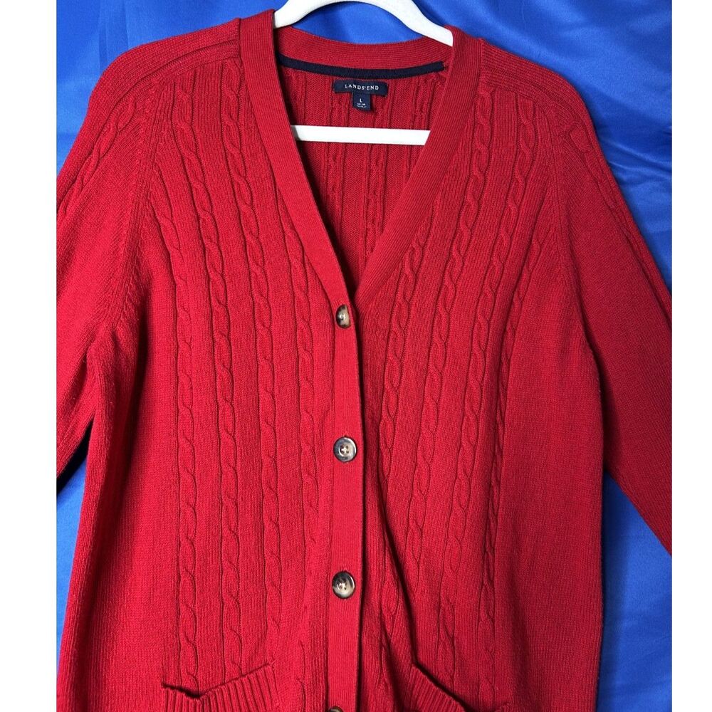 Lands End Womens Red Cable Knit Cardigan Sweater L Preppy Classic Academia Wool - Picture 6 of 12